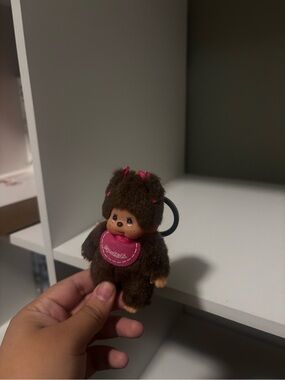 Monchhichi Brown Plush Keychain with Pink Bib